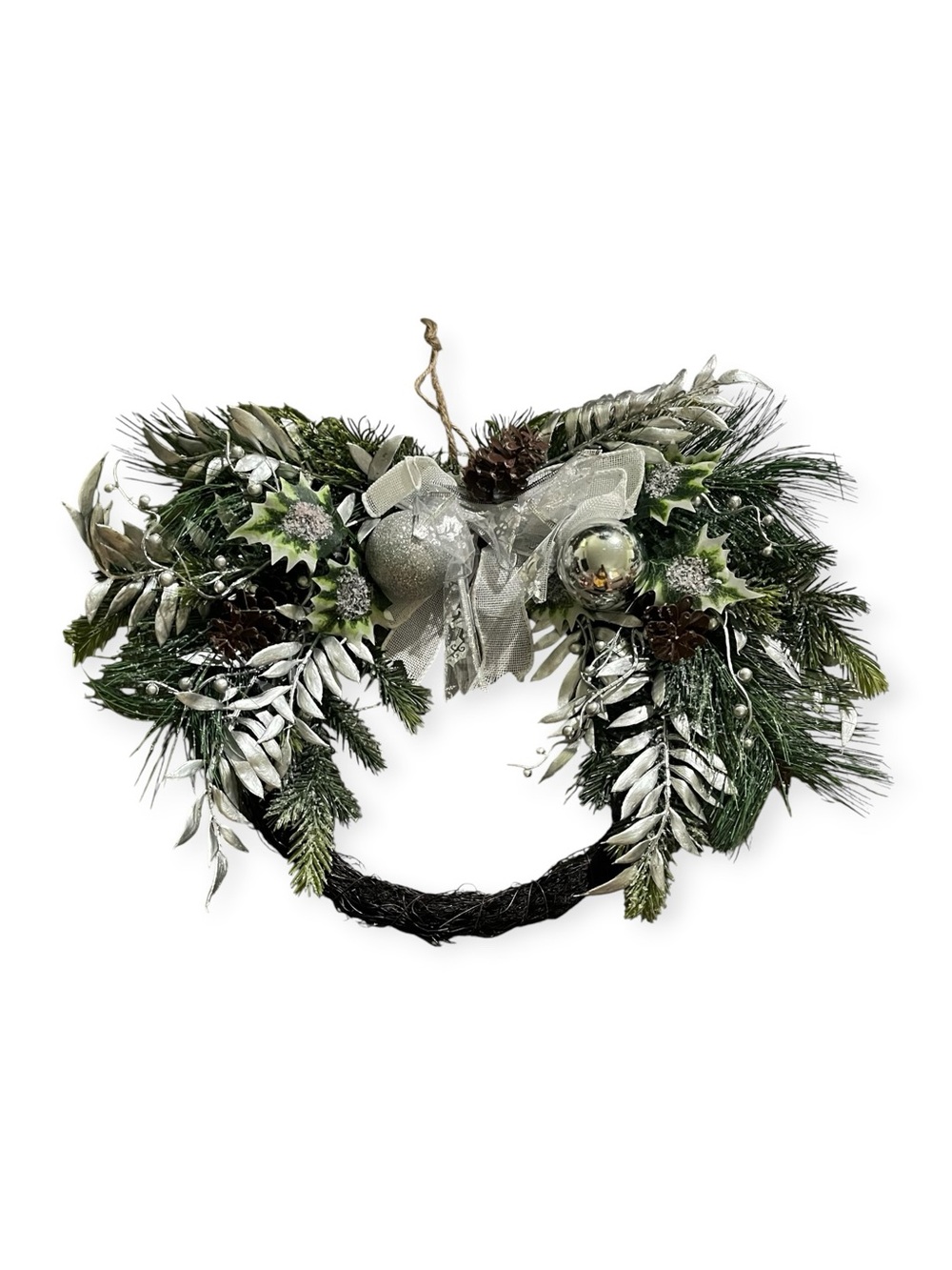 NWT! Holiday Silver & Green Pine Wreath with Bow